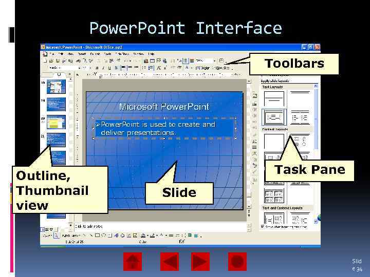 Power. Point Interface Toolbars Outline, Thumbnail view Task Pane Slid e 34 