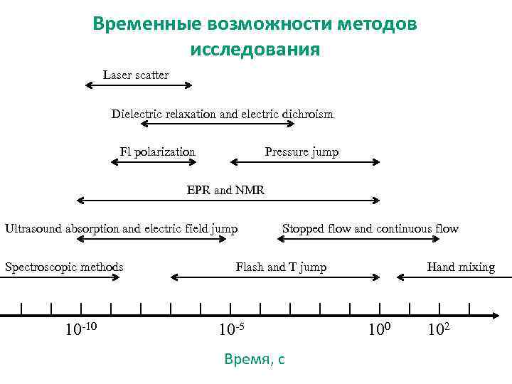 Временные возможности методов исследования Laser scatter Dielectric relaxation and electric dichroism Fl polarization Pressure