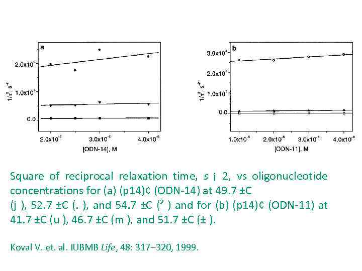 Square of reciprocal relaxation time, s ¡ 2, vs oligonucleotide concentrations for (a) (p
