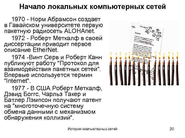 Начало локальных компьютерных сетей 1970 - Норм Абрамсон создает в Гавайском университете первую пакетную