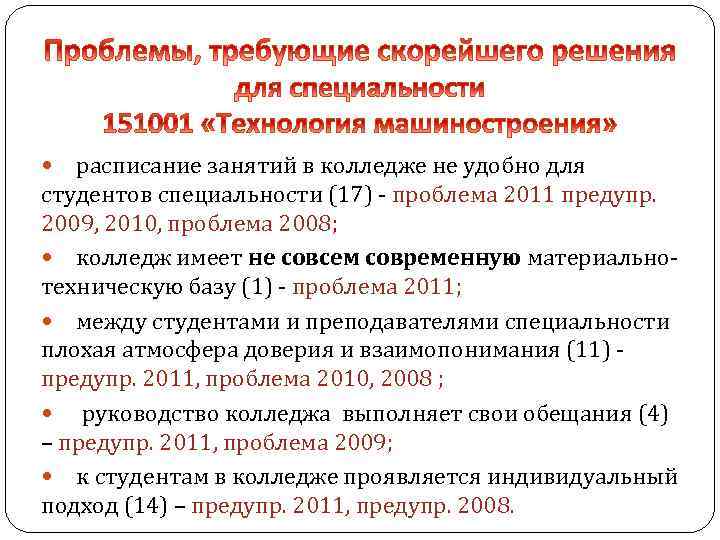 расписание занятий в колледже не удобно для студентов специальности (17) - проблема 2011 предупр.