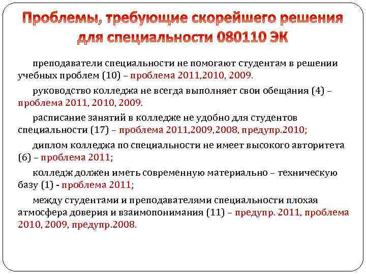 преподаватели специальности не помогают студентам в решении учебных проблем (10) – проблема 2011, 2010,