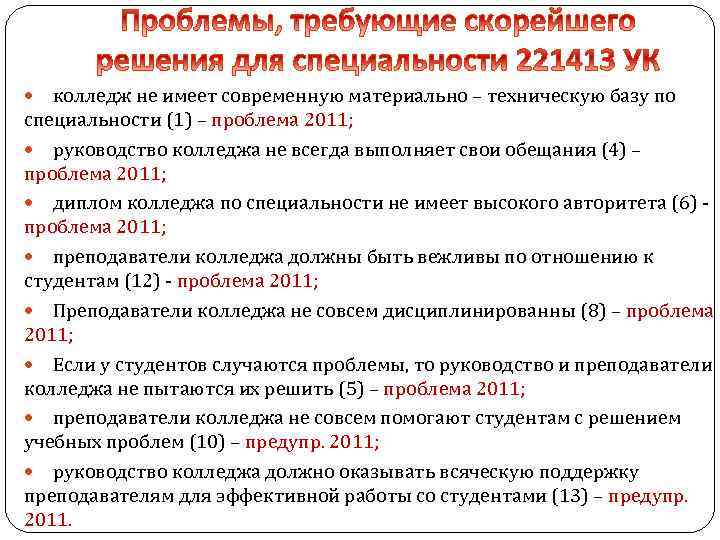 колледж не имеет современную материально – техническую базу по специальности (1) – проблема 2011;