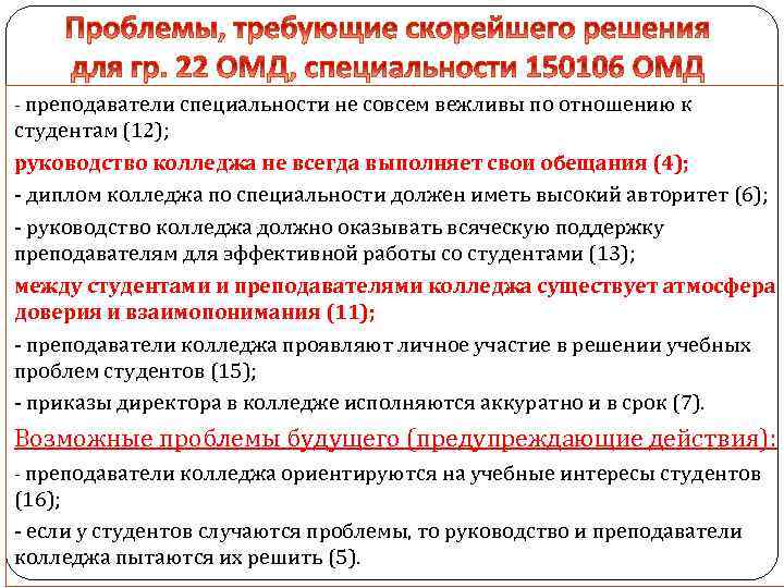 - преподаватели специальности не совсем вежливы по отношению к студентам (12); руководство колледжа не