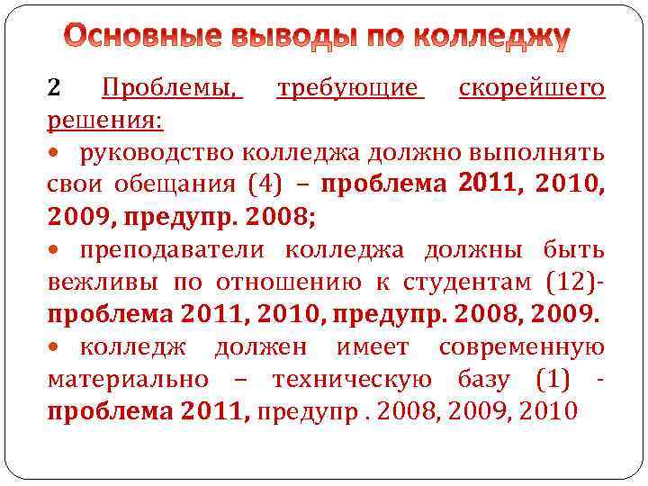 Проблемы, требующие скорейшего решения: руководство колледжа должно выполнять свои обещания (4) – проблема 2011,