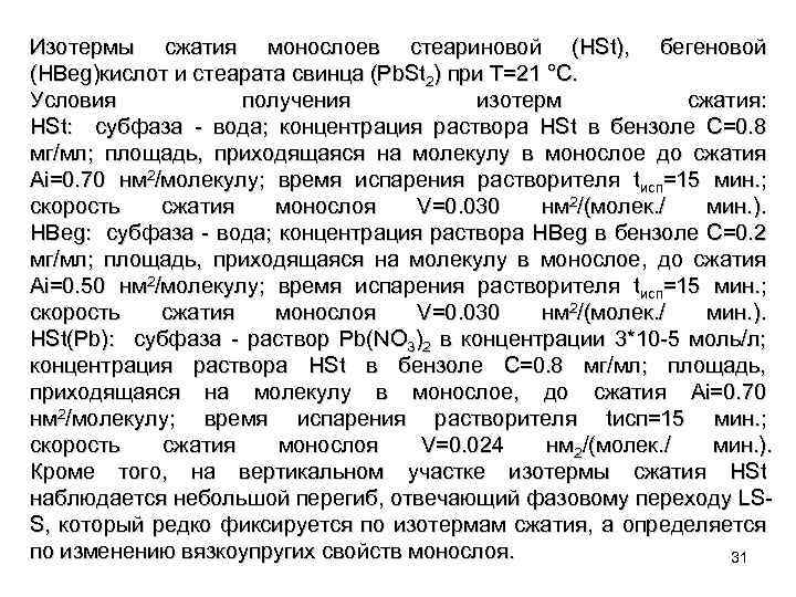 Изотермы сжатия монослоев стеариновой (HSt), бегеновой (HBeg)кислот и стеарата свинца (Pb. St 2) при