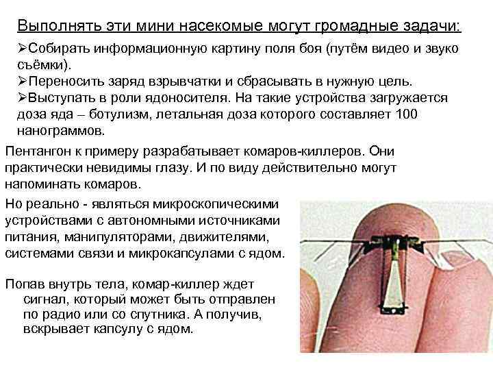 Выполнять эти мини насекомые могут громадные задачи: ØСобирать информационную картину поля боя (путём видео
