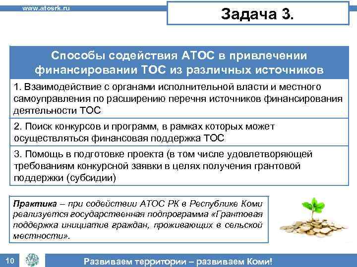 www. atosrk. ru Задача 3. Способы содействия АТОС в привлечении финансировании ТОС из различных