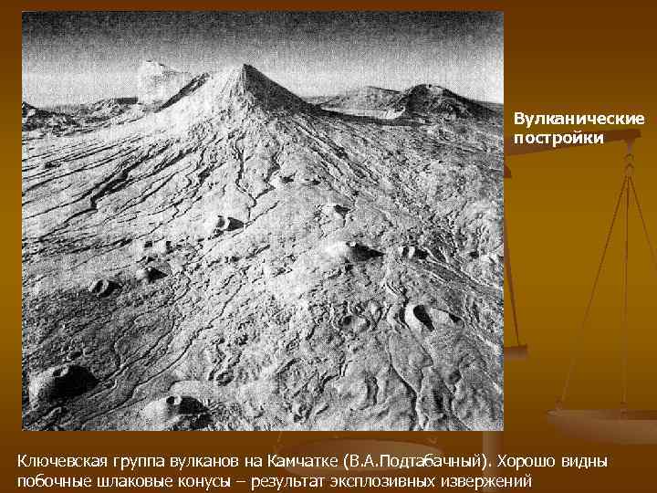 Вулканические постройки Ключевская группа вулканов на Камчатке (В. А. Подтабачный). Хорошо видны побочные шлаковые