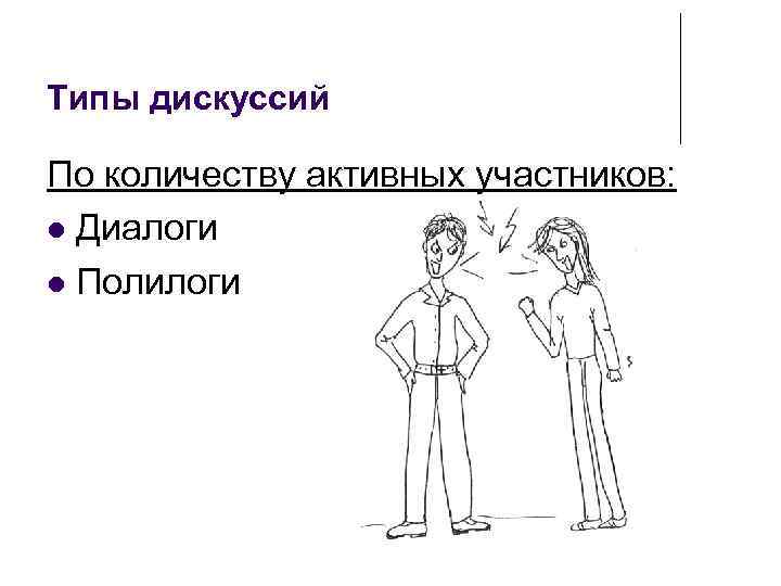 Типы дискуссий По количеству активных участников: Диалоги Полилоги 