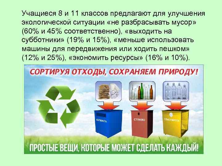 Учащиеся 8 и 11 классов предлагают для улучшения экологической ситуации «не разбрасывать мусор» (60%
