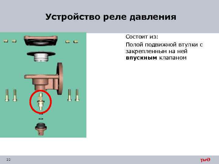 Устройство реле давления Состоит из: Полой подвижной втулки с закрепленным на ней впускным
