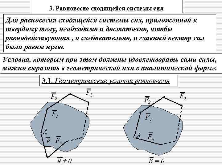 3. Равновесие сходящейся системы сил Для равновесия сходящейся системы сил, приложенной к твердому телу,