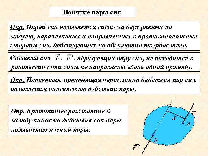 Понятие пары сил. Опр. Парой сил называется система двух равных по модулю, параллельных и