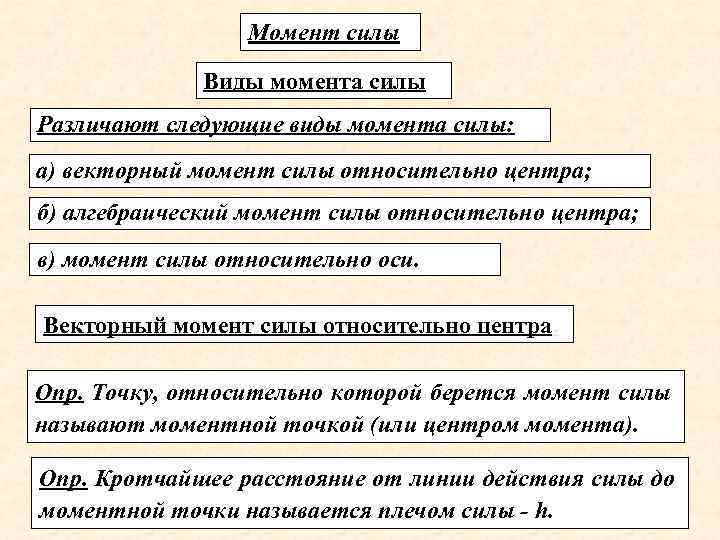 Момент силы Виды момента силы Различают следующие виды момента силы: а) векторный момент силы