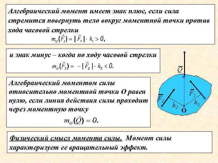 Алгебраический момент имеет знак плюс, если сила стремится повернуть тело вокруг моментной точки против