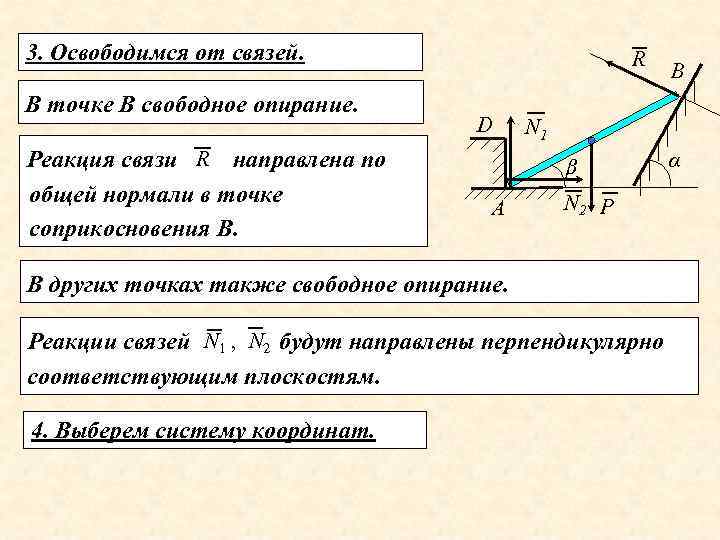 3. Освободимся от связей. В точке В свободное опирание. Реакция связи R направлена по