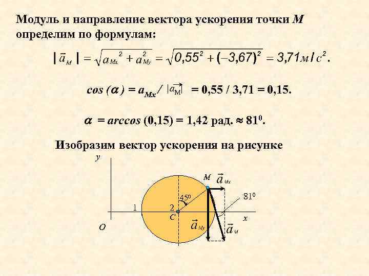 Модуль и направление вектора ускорения точки М определим по формулам: cos ( ) =