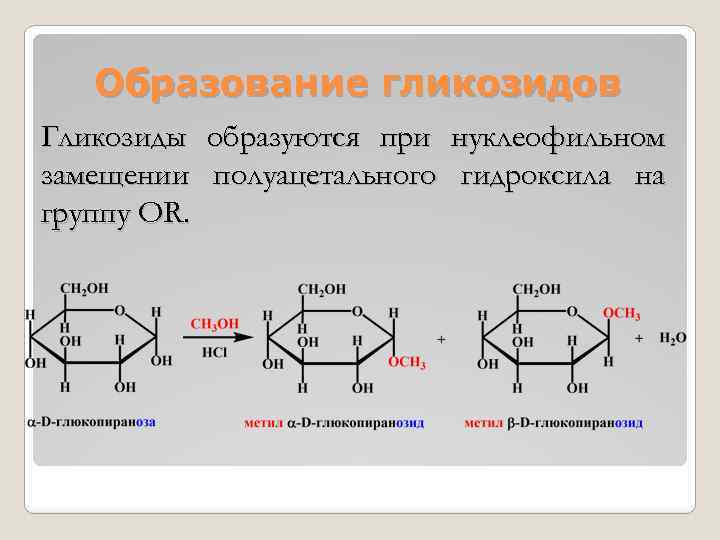 Образование гликозидов Гликозиды образуются при нуклеофильном замещении полуацетального гидроксила на группу OR. 