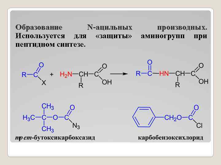 Образование N-ацильных производных. Используется для «защиты» аминогрупп при пептидном синтезе. 