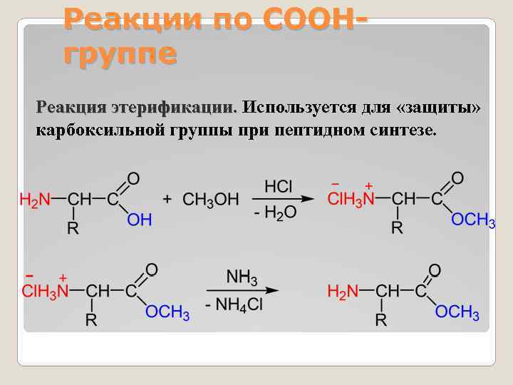 Реакции по COOHгруппе Реакция этерификации. Используется для «защиты» этерификации. карбоксильной группы при пептидном синтезе.