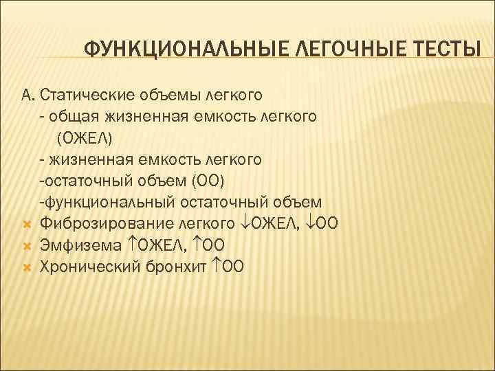 ФУНКЦИОНАЛЬНЫЕ ЛЕГОЧНЫЕ ТЕСТЫ А. Статические объемы легкого - общая жизненная емкость легкого (ОЖЕЛ) -