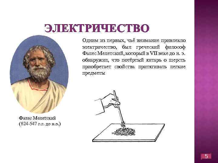 ЭЛЕКТРИЧЕСТВО Одним из первых, чьё внимание привлекло электричество, был греческий философ Фалес Мелетский, который