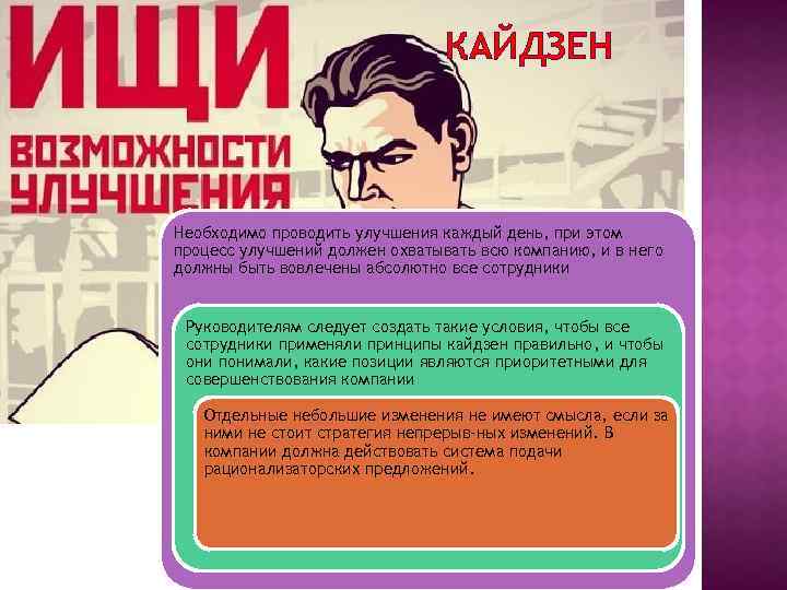 КАЙДЗЕН Необходимо проводить улучшения каждый день, при этом процесс улучшений должен охватывать всю компанию,