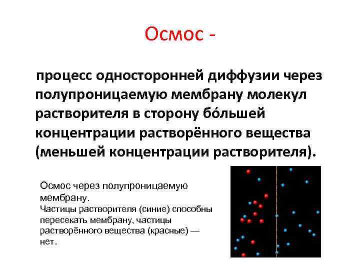 Осмос процесс односторонней диффузии через полупроницаемую мембрану молекул растворителя в сторону бо льшей концентрации