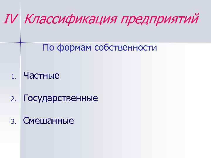 IV Классификация предприятий По формам собственности 1. Частные 2. Государственные 3. Смешанные 