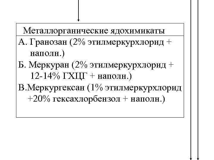 Металлорганические ядохимикаты А. Гранозан (2% этилмеркурхлорид + наполн. ) Б. Меркуран (2% этилмеркурхлорид +
