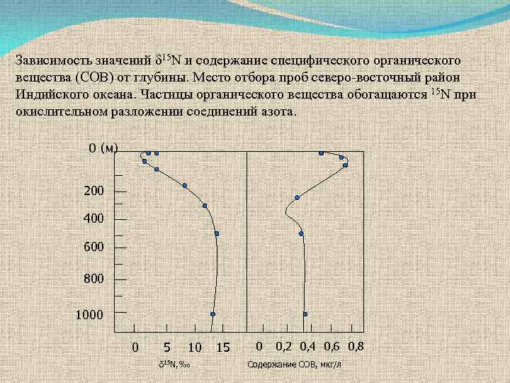Зависимость значений δ 15 N и содержание специфического органического вещества (СОВ) от глубины. Место