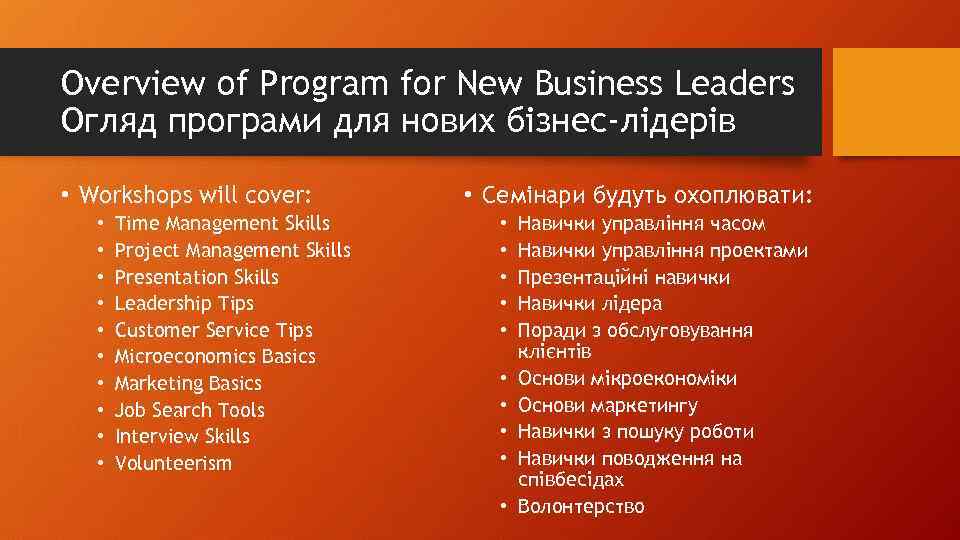 Overview of Program for New Business Leaders Огляд програми для нових бізнес-лідерів • Workshops