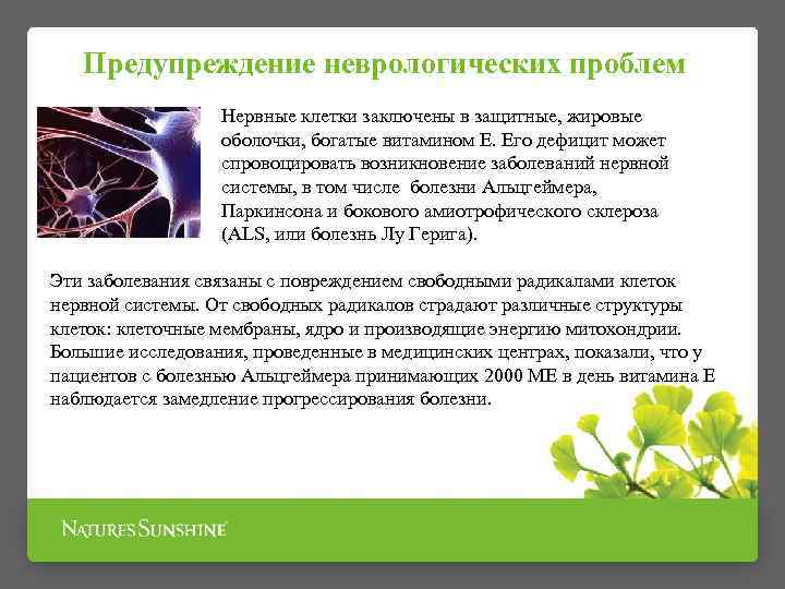 Предупреждение неврологических проблем Нервные клетки заключены в защитные, жировые оболочки, богатые витамином Е. Его