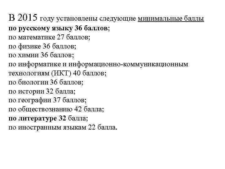 В 2015 году установлены следующие минимальные баллы по русскому языку 36 баллов; по математике