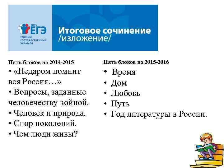 Пять блоков на 2014 -2015 Пять блоков на 2015 -2016 • «Недаром помнит вся