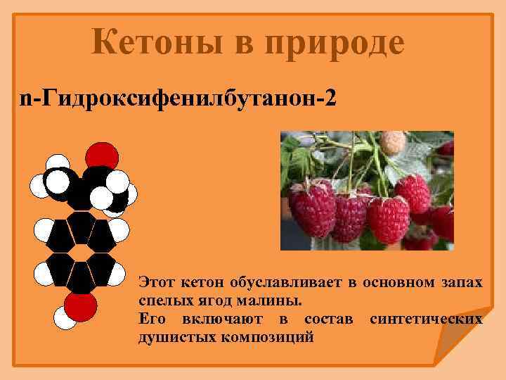 Кетоны в природе n-Гидроксифенилбутанон-2 Этот кетон обуславливает в основном запах спелых ягод малины. Его