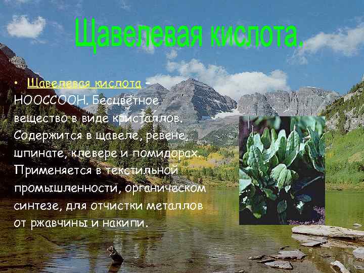  • Щавелевая кислота – НООССООН. Бесцветное вещество в виде кристаллов. Содержится в щавеле,
