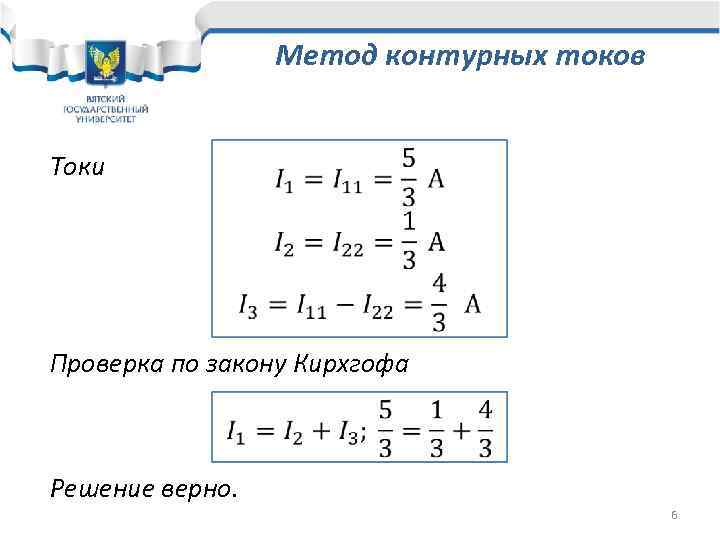 Метод контурных токов Токи Проверка по закону Кирхгофа Решение верно. 6 