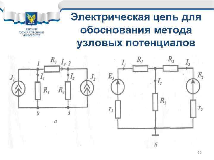 Электрическая цепь для обоснования метода узловых потенциалов 32 