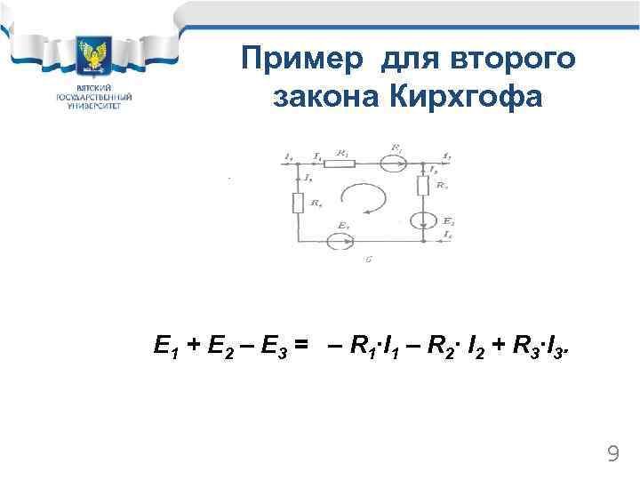 Пример для второго закона Кирхгофа E 1 + E 2 – E 3 =