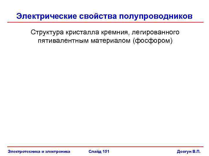 Электрические свойства полупроводников Структура кристалла кремния, легированного пятивалентным материалом (фосфором) Электротехника и электроника Слайд