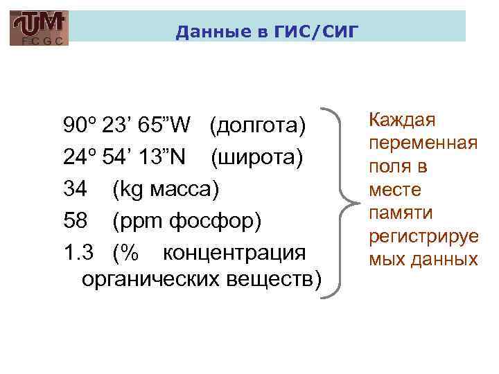 Данные в ГИС/СИГ 90º 23’ 65”W (долгота) 24º 54’ 13”N (широта) 34 (kg масса)