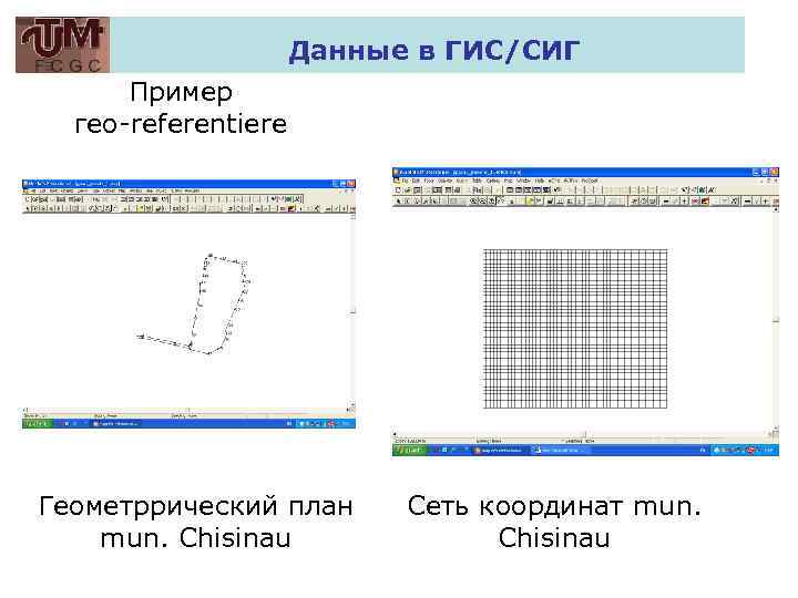 Данные в ГИС/СИГ Пример гео-referentiere Геометррический план mun. Chisinau Сеть координат mun. Chisinau 