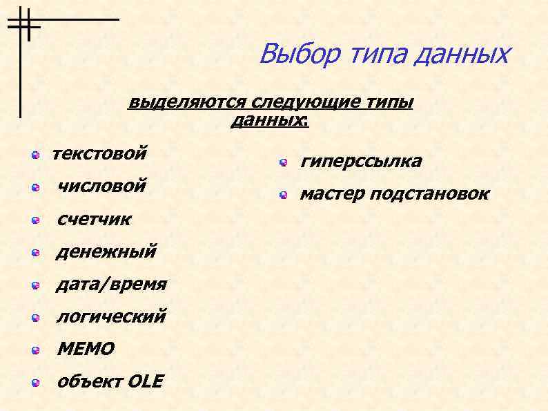 Выбор типа данных выделяются следующие типы данных: текстовой числовой счетчик денежный дата/время логический MEMO