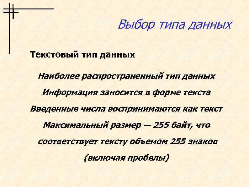 Выбор типа данных Текстовый тип данных Наиболее распространенный тип данных Информация заносится в форме