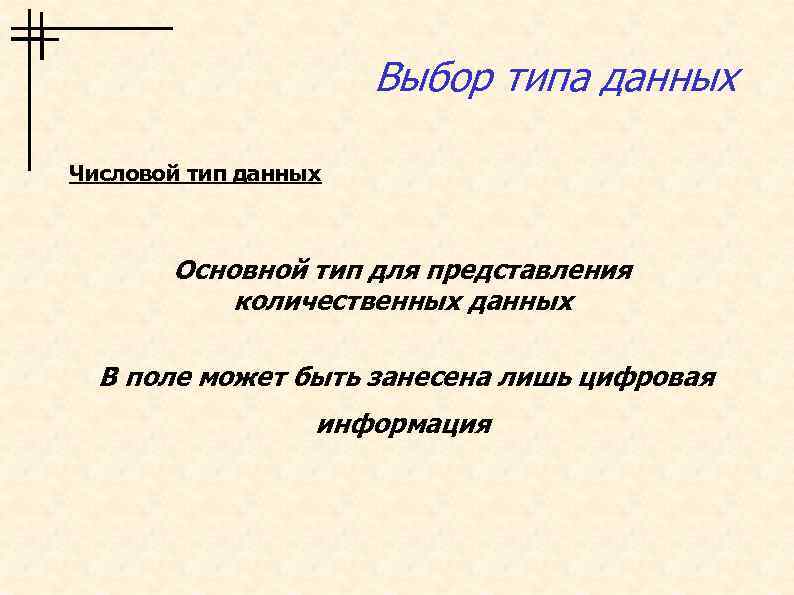 Выбор типа данных Числовой тип данных Основной тип для представления количественных данных В поле