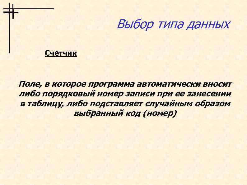 Выбор типа данных Счетчик Поле, в которое программа автоматически вносит либо порядковый номер записи