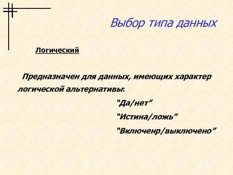 Выбор типа данных Логический Предназначен для данных, имеющих характер логической альтернативы: “Да/нет” “Истина/ложь” “Включенр/выключено”