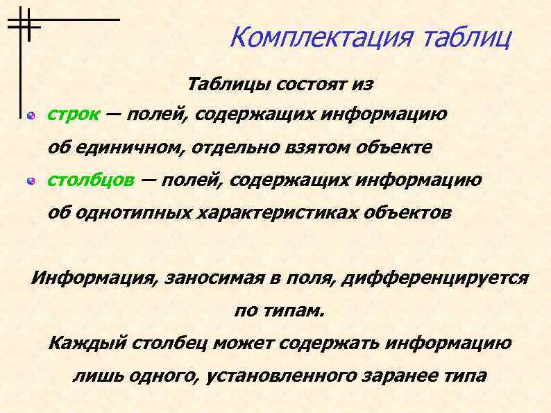 Комплектация таблиц Таблицы состоят из строк ― полей, содержащих информацию об единичном, отдельно взятом